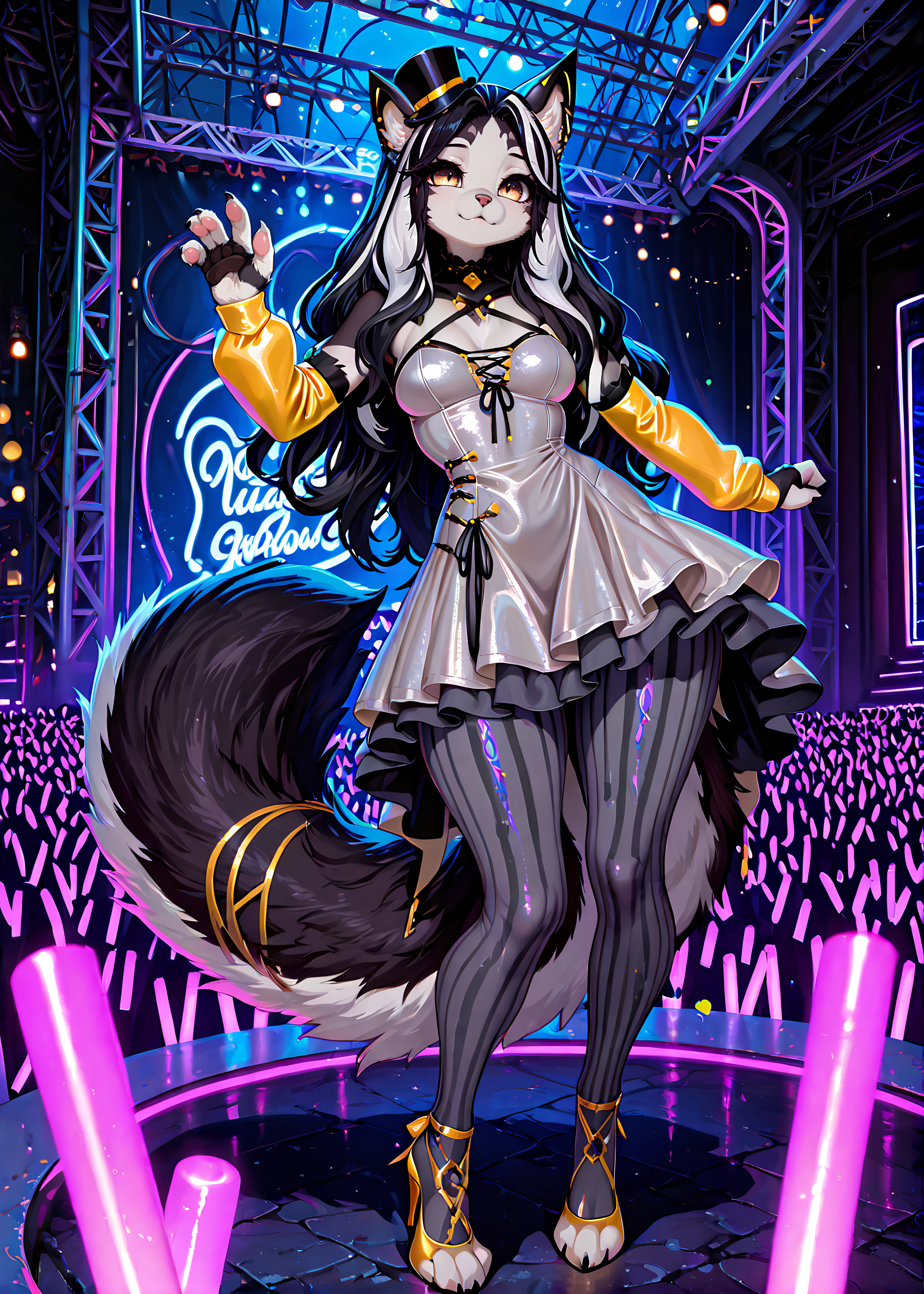 masterpiece, shadow play, best quality, highres, newest, absurdres, 
on stage, lights, night, neon lights, glowsticks,
Skylar, 1girl, solo,  long hair, black hair, white hair, streaked hair, animal ears, , yellow  eyes, brown eyes, furry, furry female,  tail, animal hands, tail, grey hair, top hat, mini hat, detached sleeves, half gloves, grey dress, grey pantyhose, vertical-striped pantyhose, high heels,
<lora:Skylar_-_AeriytheNeko_-_illustrious:0.8>,