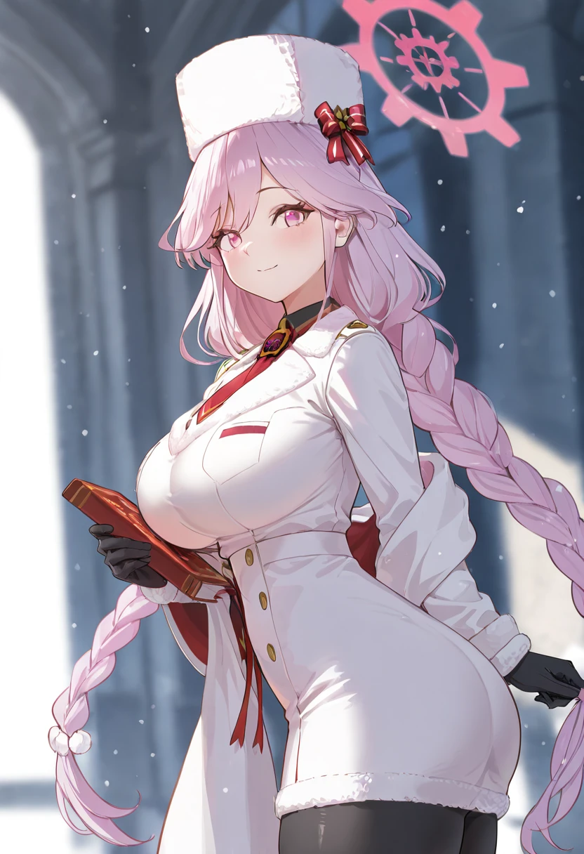 masterpiece, best quality, solo, curvy, beautiful eyes, narrow waist, wide hips, 1girl, solo, smile, looking at viewer, zzTomoe, pink eyes, pink hair, long hair, large breasts, braid, very long hair, pink halo,  black gloves, necktie, ushanka, white headwear, fur trim, long sleeves, solo, winter clothes, black pantyhose, purple hair, twin braids, white coat,  ,<lora:Tomoe_BlueArchive_IXL:1.0>, side view, ass, leaning forward, cowboy shot, smile, looking at viewer, shiny skin,