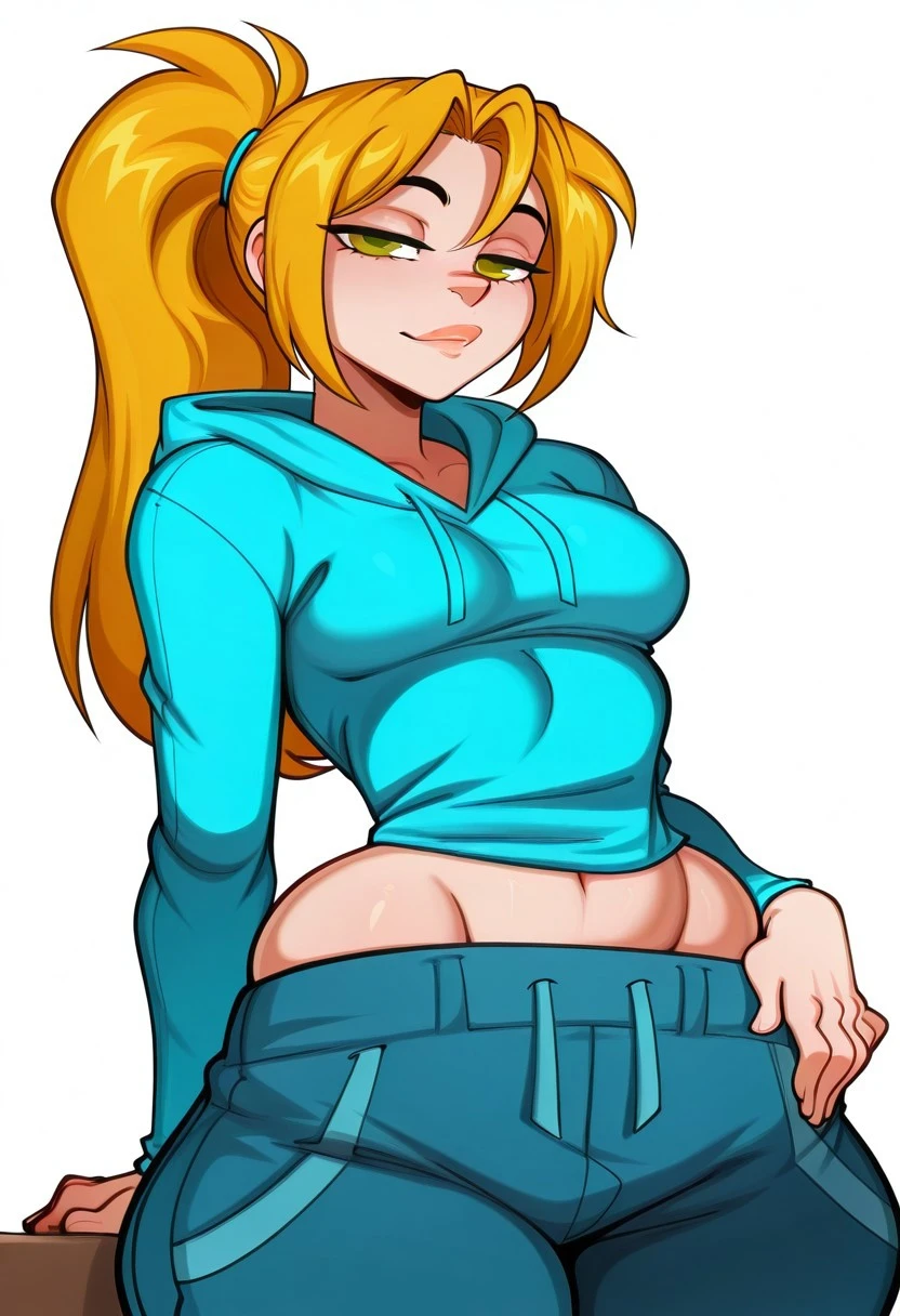 Barely stable, Illustration, (masterpiece, amazing quality, best quality, absurdres, 8k),<lora:blackwhiplash(bwl)-guy90-Illust-Lycorisv1:1>,blaash,solo,<lora:stuffyai_800style:0.8>,
(wide hips,large breats:1.3),white background,
<lora:bridgette:1>,Bridgette,1girl,solo,long hair,looking at viewer,blonde hair,long sleeves,white background,green eyes,ponytail,shorts,midriff,hood,blue hoodie,hood down,denim,blue shorts,midriff peek,cowboy shot,from below,