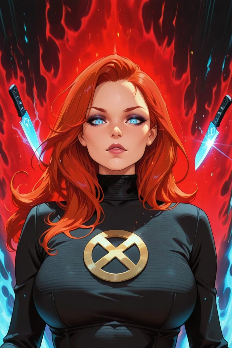 masterpiece, best quality, amazing quality, high resolution, absurdres, newest, very aesthetic, newxmenjean, 1girl, blue eyes, long hair, red hair, , , makeup, lips, red hair, black turtleneck, cosplay, looking at viewer, knife, solo, glowing, magic, aura, floating object,