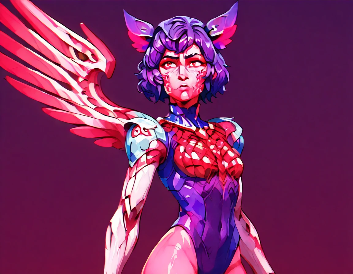 solo, <lora:manasillicaHassakuIllu:0.9>, simple background, purple hair, short hair, leotard,red eyes, shoulder wings, <lora:Arcane_Style_Illust_Ayanna_AI:0.8> Arcane Style
