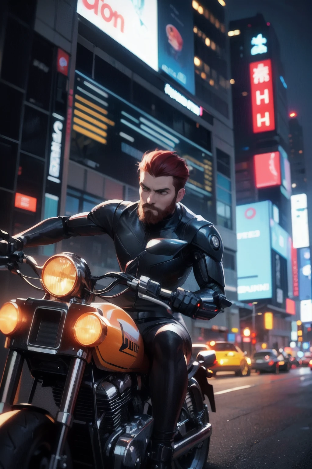 20-year-old (cyborg man:1.1) riding a futuristic motorcycle, (mechanical arms:1.1), short red hair, beard, glowing lines, cyberpunk city at night, motion blur, solo BREAK best quality, (ultra fine illustration, ultra detailed:1.2), cinematic lighting
