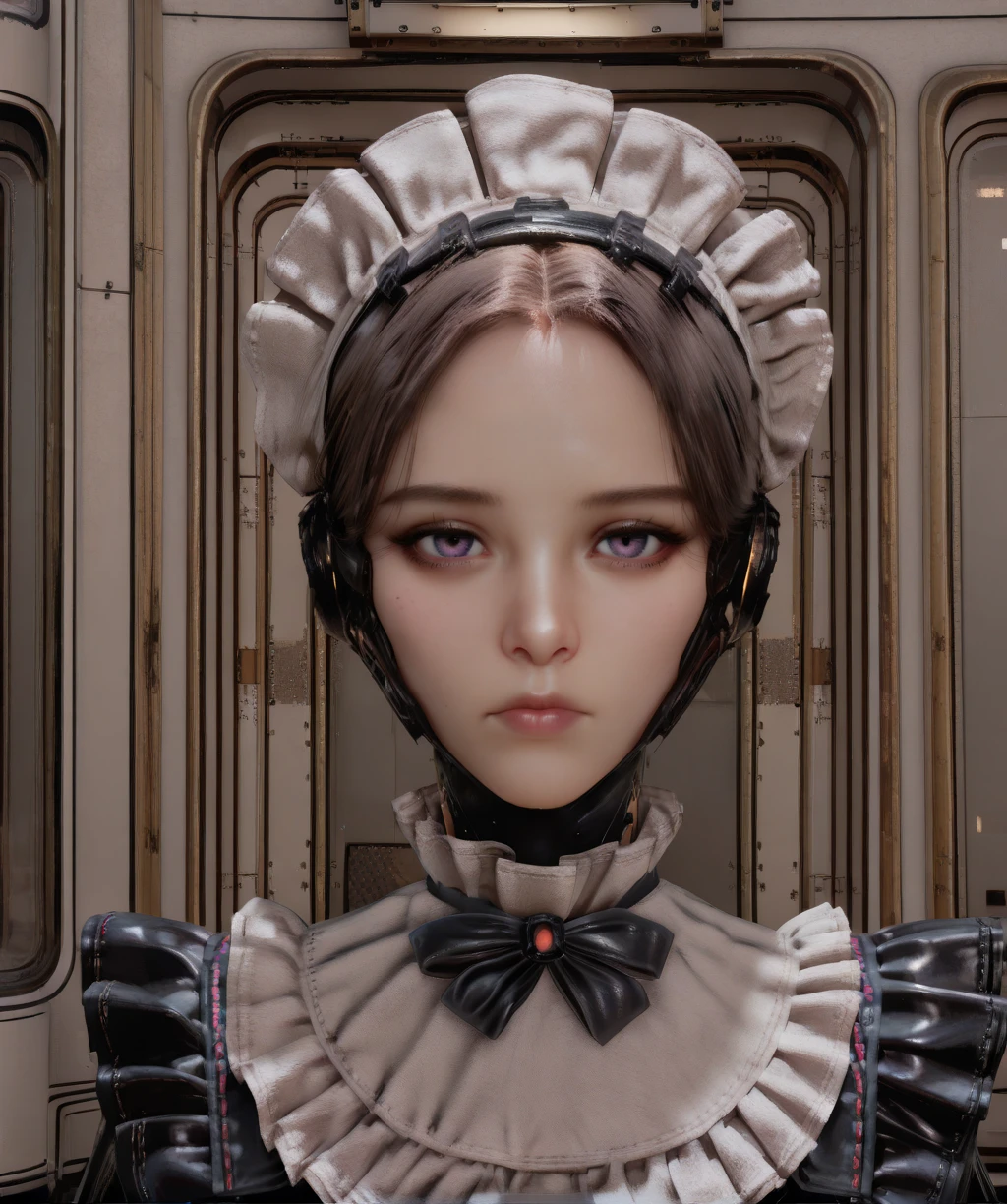 arisasbxl, brown hair, purple eyes, expressionless,
maid, dress, frills, headdress, bow,
upper body, looking at viewer, facing viewer,
indoors, science fiction,
clear composition, atmospheric haze, ambient occlusion,
(insanely detailed, masterpiece, best quality), <lora:MaidArisaSBxl-12v1-ILL:1>,