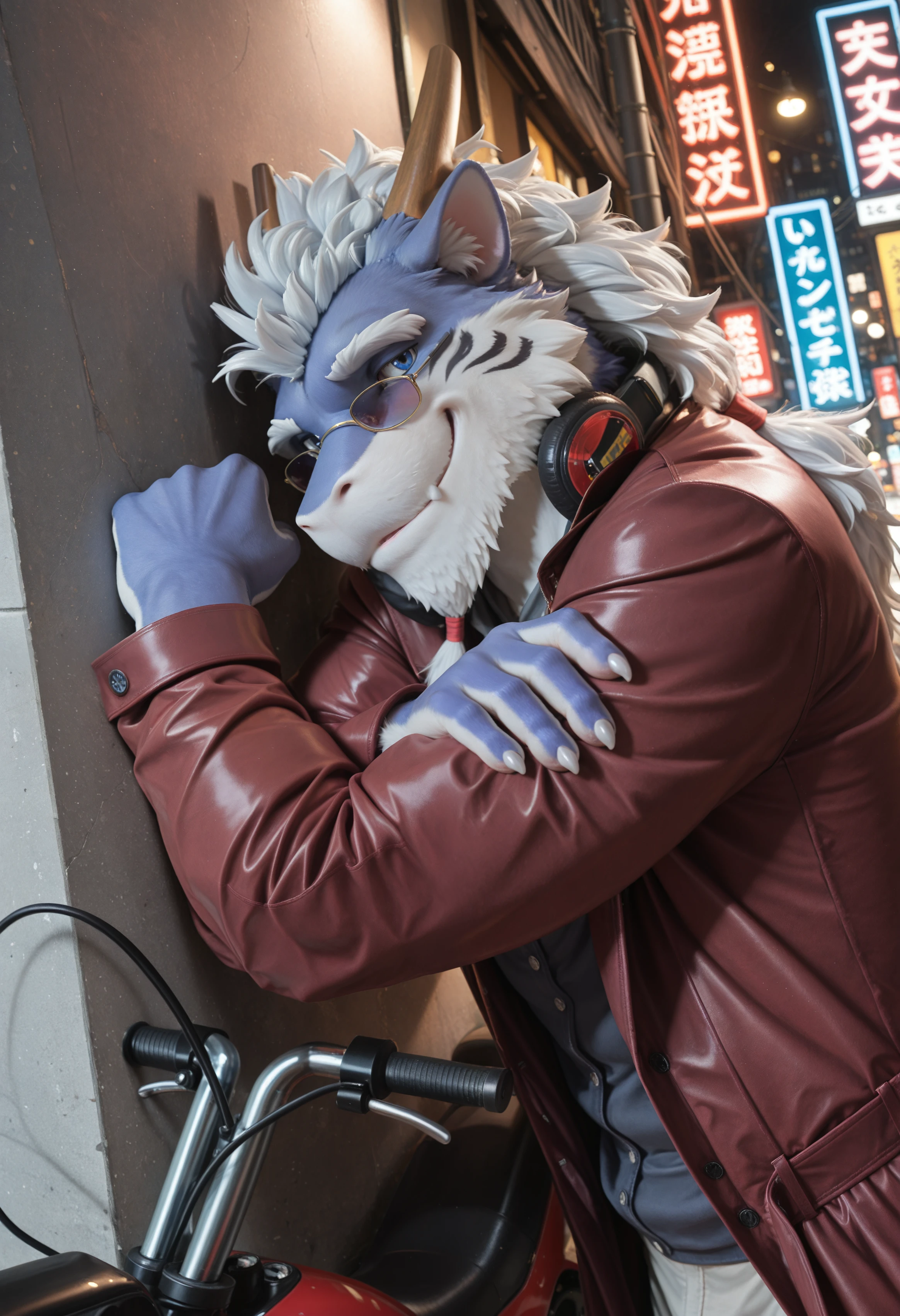 (masterpiece, best quality, very aesthetic, newest, 2024:1.2), (photorealism, photorealistic:1.2), hi res, detailed fur, fluffy fur, close up, dutch angle, shiki_taigen, dragon, furry male, furry, male focus, body fur, 1boy, solo, animal ears, tail, horns, blue eyes, bara, looking at viewer, long hair, glasses, white hair, modern city street, neon signs, parked motorbike, leaning on wall, arms crossed, torso relaxed, tail low, smug, confident, casual eyes, looking at viewer, frontal medium shot, long coat, sunglasses on face, neon reflections, cinematic lighting, ultra-detailed, <lora:noobReal-V2.1:0.45> <lora:Shiki_Taigen_UTAU_Illustrious:1>