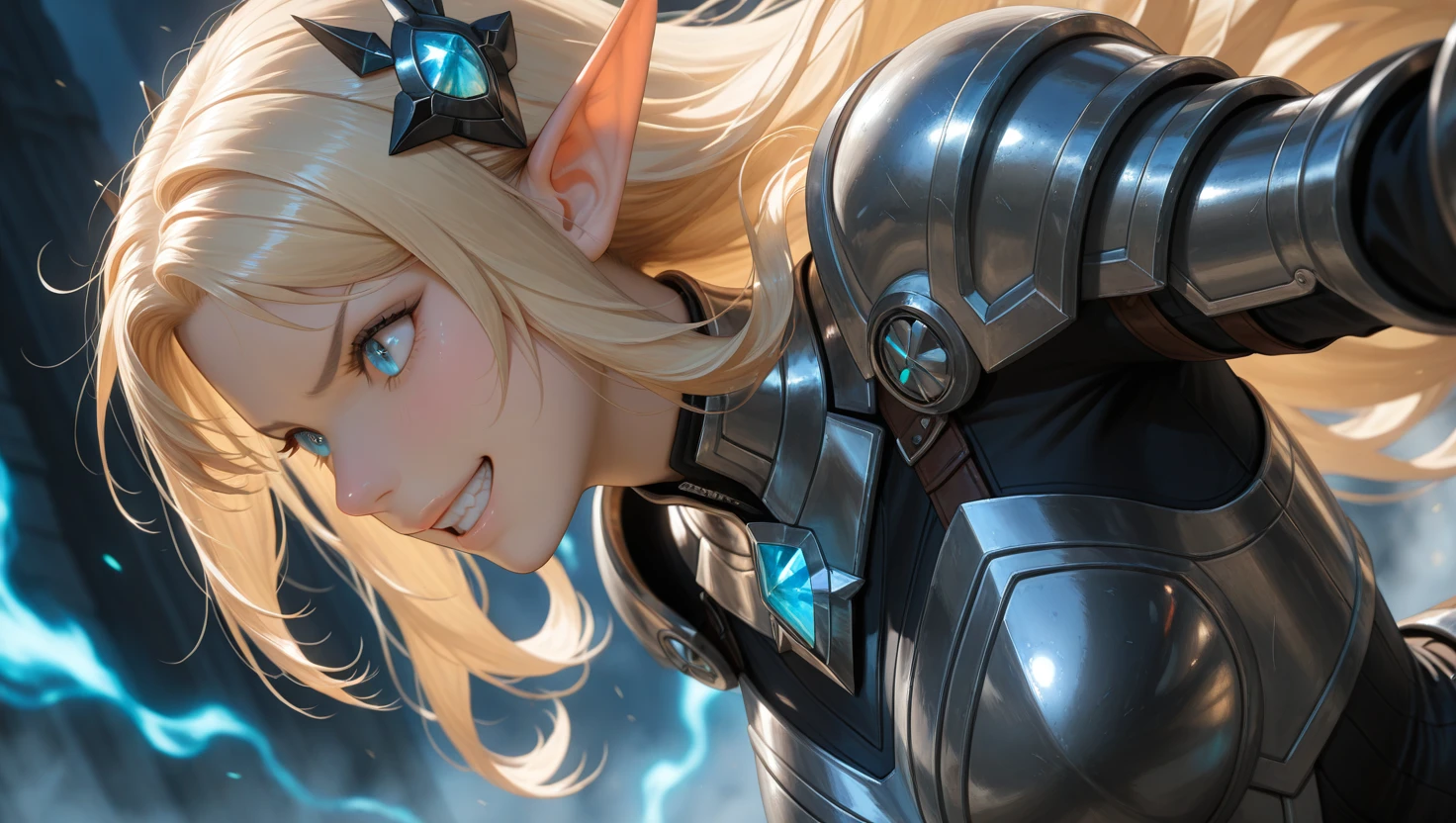 headshot, ((close-up eyes, face focus)), sfw:1.2,
epic final battle scene, fierce and charismatic expression, Swinging Down massive cursed greatsword with emitting a cursed effect, wearing ornate black fantasy long-dress with intricate metallic engravings, black light armor, flowing golden hair, standing in a ruined city engulfed in blue flames and smoke, powerful dramatic lighting, atmospheric effects, high detail, dark aura effect around her,
ultra-detailed armor, perfect anatomy, battlepose, dynamic composition, low angle, from side, looking at viewer.
ultra detailed lips, ultra detailed face and hair, beautiful eyes,
kawaii, adorable, cute,
elf girl, (apatite eyes with CGI Effect), (long hair, deep blonde hair:1.2),
medium breasts, wide hip,
BREAK, volumetric lighting, gaze at away, sharp eyes, angry, open mouth grin,, masterpiece, amazing quality, very aesthetic, high resolution, ultra-detailed, absolute, newest,
2d, semi-realistic, moe heroine, sharp focus,, anime style, anime color,