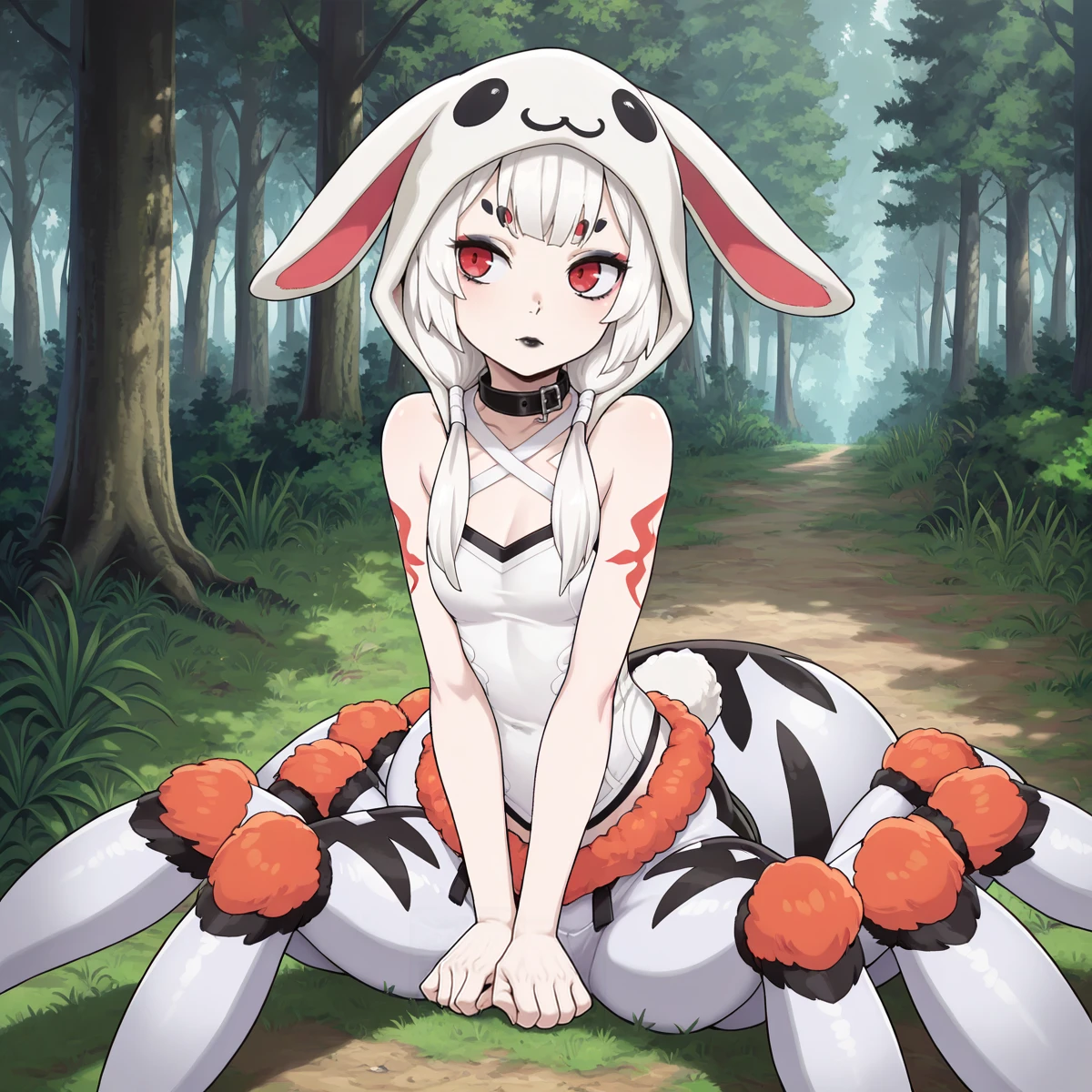 masterpiece, best quality, good quality, very awa, very aesthetic, absurdres, solo,
forest, tree, grass, 1girl, Spider girl, Arachne, red eyes, white hair, strands of black hair, monster girl, twintails,
 <lora:Maple_-_Possibly_the_Greatest_Alchemist_of_All_Time:0.7>,
Cinny,  collar, black lipstick, animal hood, rabbit hood,
 <lora:Cinny_-_AeriytheNeko_-_illustrious:0.4>