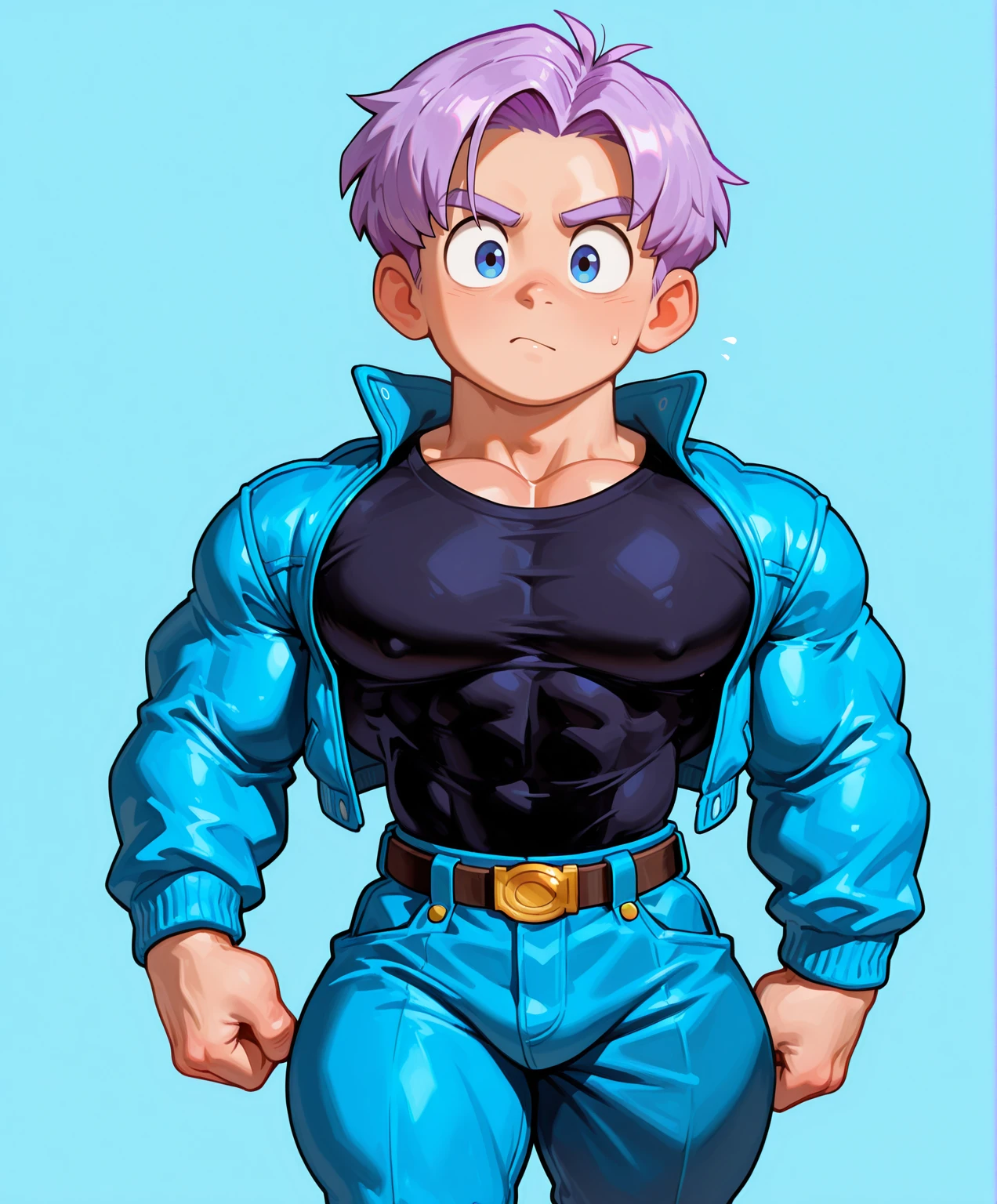 masterpiece, best quality, absurdres, newest, perfect quality, best quality, detailed background, intricate details, bara, (boy, male, male focus:1.5), (human:1.8), <lora:IL_BaraMerge_1.1:0.4> <lora:NAI_CuteMerge_1.1:0.5> cute, <lora:IL_Fix_AgeSlider:-0.8>, (small height, shortstack:1.6), (muscular, big muscles), big muscles, big pecs, trunks \(future\) \(dragon ball\), purple hair, shirt, pants, jacket, (solo, 1boy:1.3), (facing viewer), looking at viewer, cowboy shot, (simple blue background)