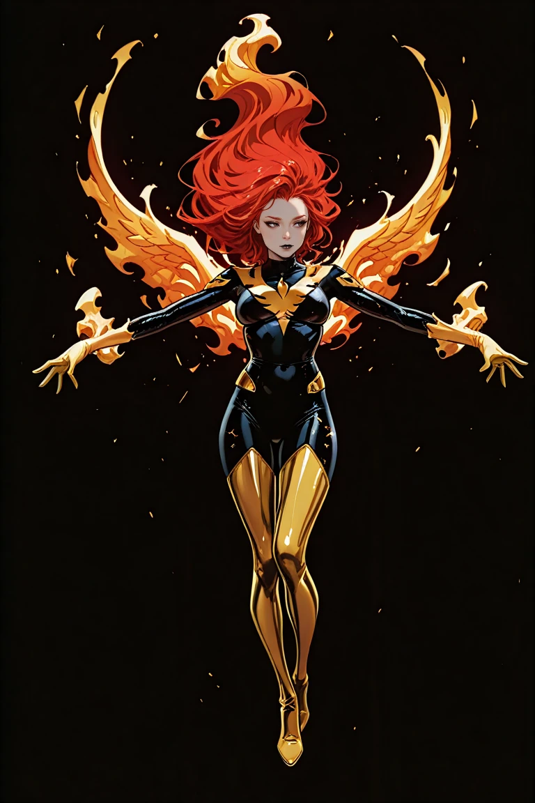 amazing quality,highres,absurdres,newest, 1girl, solo, red hair, fire, , long hair, black background, gold phoenix symbol, yellow boots, yellow gloves, fiery hair, black lips, , black , outstretched arms, very long hair, spread arms, simple background, , looking to the side