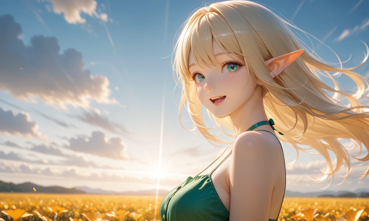 (outdoors, 1girl, solo), sfw:1.2,
upper body shot, from side, low angle, looking at viewer, close-up eyes, face focus,
BREAK,
A elf girl dancing still on a promenade lined with lush green trees.  wearing a spaghetti straps autumn dress.
She gazes thoughtfully at the serene landscape, as if absorbing the beauty of the world around her.
while the autumn sunlight breaks gently through the clearing clouds above.  surrounded by the vivid greens
spread arm,
BREAK,
ultra detailed lips, ultra detailed face and hair,
((Swaying in the wind)),
kawaii, adorable, cute,
elf girl, (apatite eyes with CGI effect), (deep blonde hair:1.2),
medium breasts, wide hip, open mouth big smile face,
BREAK, volumetric lighting,, masterpiece, amazing quality, very aesthetic, high resolution, ultra-detailed, absolute, newest,
2d, semi-realistic, moe heroine, sharp focus,, anime style, anime color,