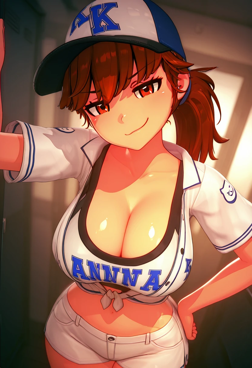 masterpiece, best quality, solo, curvy, beautiful eyes, narrow waist, wide hips, 1girl, solo, smile, looking at viewer, dynamic angle, foreshortening, close up,    3d,  zzAnna, brown eyes, brown hair, long hair, ponytail, large breasts,  baseball cap, baseball uniform, white shorts, smug,  <lora:AnnaAnon_IXL:1.0>,  cowboy shot, hand on hip, smug, smile, looking at viewer, shiny skin,