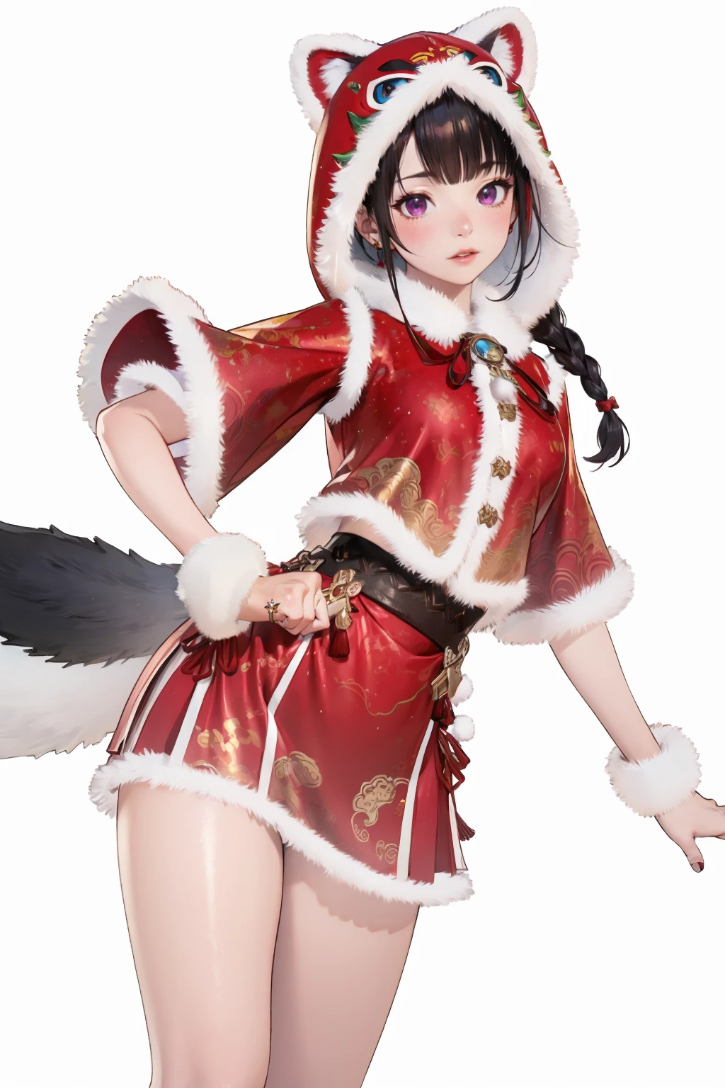 ,1girl,fur trim,white footwear,(red hat:1.3),(animal hood:1.3),red skirt,bell,chinese clothes,capelet,pom pom (clothes),black hair,double bun,purple eyes,(white_background:1.5),front view,(cowboy_shot:1.4),looking_at_viewer,<lora:æ°¸å«æ é´è¡æ¡æ¥æ¡ç¬SD1.5:0.7>, (masterpiece:1.2),best quality,masterpiece,highres,original,extremely detailed wallpaper,perfect lighting,(extremely detailed CG:1.2),