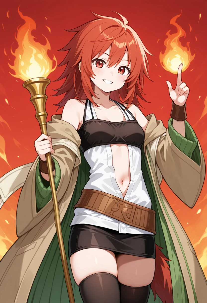 1girl, solo, hiitaygo, duel monster, red hair, medium hair, red eyes, brown hooded robe, wide sleeves, green ribbed coat, layered clothes, white sleeveless shirt, open shirt, navel, collarbone, black bandeau, brown belt, belt tassel, pom_pom_(clothes), brown wrist guards, black skirt, pencil skirt, black thighhighs, white shawl, staff, holding staff, hand up, pyrokinesis, cowboy shot, grin, smile, outdoors, red background,