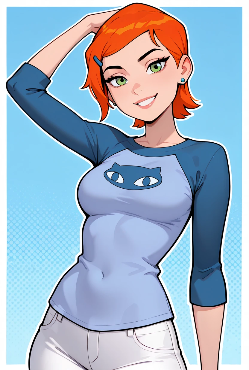 <lora:gwenos-08:1> gwenos, short hair, hairclip, orange hair, 1girl, green eyes, earrings, solo, blue shirt, raglan sleeves, cat print, white pants, eye liner, adult, busty, medium breasts, wide hips, lips, pose, teeth, pale lips, , looking at viewer, smile, blue background, adult,, masterpiece, best quality, amazing quality, very aesthetic, absurdres, newest,, upper body, halftone effect, white borders, abstract background:1.2, white outline,