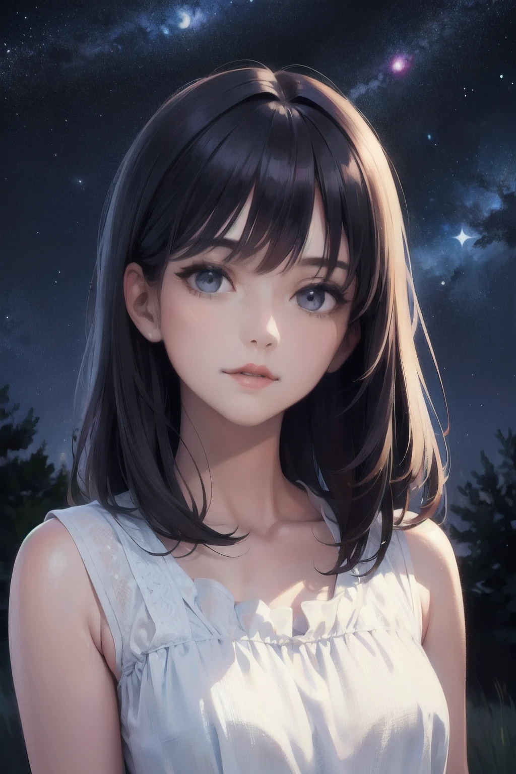 beautiful woman, (chest-up portrait:1.1), wearing a white (peplum blouse:1.2), vast starry night sky background, (from front:1.1), looking at viewer, black hair, dreamy atmosphere BREAK best quality, (ultra fine illustration, ultra detailed:1.2), soft lighting