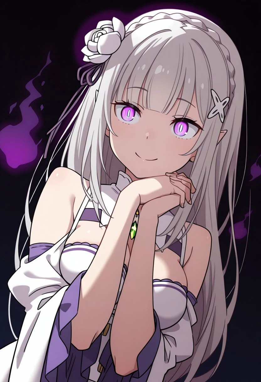 solo, dutch angle, upper body, crown braid, blunt bangs, long hair, grey hair, purple eyes, slit pupils, blue pupils, pointy ears, x hair ornament, hair flower, white rose, white collar, green gemstone, bare shoulders, cleavage, medium breasts, white dress, corset, long sleeves, wide sleeves, smile, endearing_pose, own hands together, interlocked fingers, hands on chin, 9glowing eyes0, dark background, purple aura, masterpiece, 4k resolution, anime