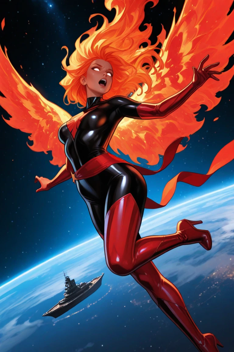 masterpiece, best quality, amazing quality, high resolution, absurdres, newest, very aesthetic, resurrectionphoenix, ,fiery wings, space, 1girl, solo, orange wings, black , long hair, wings, glowing, orange hair, flying, fiery hair, blonde hair, fire, outstretched arms, red gloves, blank eyes, white eyes, open mouth, glowing eyes, star \(sky\), energy wings, red phoenix symbol, red waist sash, torn clothes, post apocaylptic ships, spaceship, red thighighs, red boots, high heels, western comics \(style\), skin tight