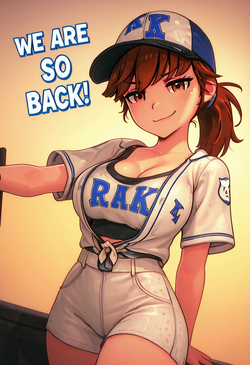 masterpiece, best quality, solo, curvy, beautiful eyes, narrow waist, wide hips, 1girl, solo, smile, looking at viewer, dynamic angle, foreshortening, close up, 3d, zzAnna, brown eyes, brown hair, long hair, ponytail, large breasts, baseball cap, baseball uniform, white shorts, smug, <lora:AnnaAnon_IXL:1.0>, , smile, looking at viewer, We4reSoB4ck, text, gradient background, ,<lora:We4reSoB4ck_IXL_v1:1.0>,