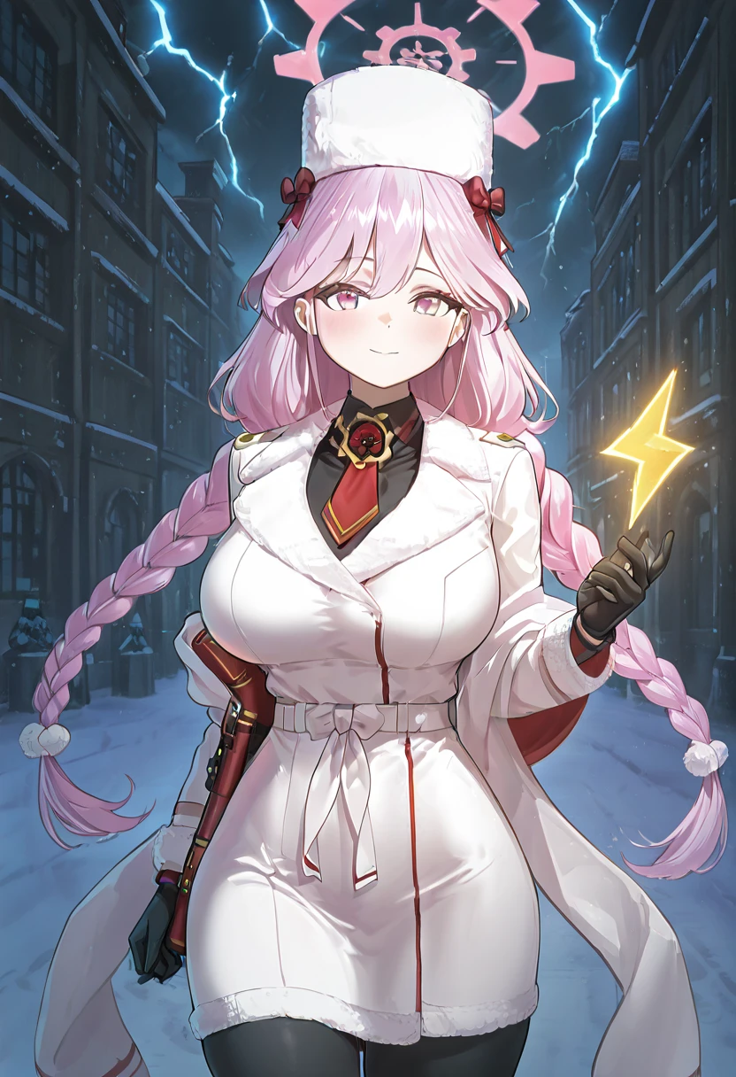 masterpiece, best quality, solo, curvy, beautiful eyes, narrow waist, wide hips, 1girl, solo, smile, looking at viewer, zzTomoe, pink eyes, pink hair, long hair, large breasts, braid, very long hair, pink halo, black gloves, necktie, ushanka, white headwear, fur trim, long sleeves, solo, winter clothes, black pantyhose, purple hair, twin braids, white coat, ,<lora:Tomoe_BlueArchive_IXL:1.0>, ,solo, foreshortening, bzzb4tt3ryCitron, lightning, <lora:BuzzBatteryIXL:1.0>,