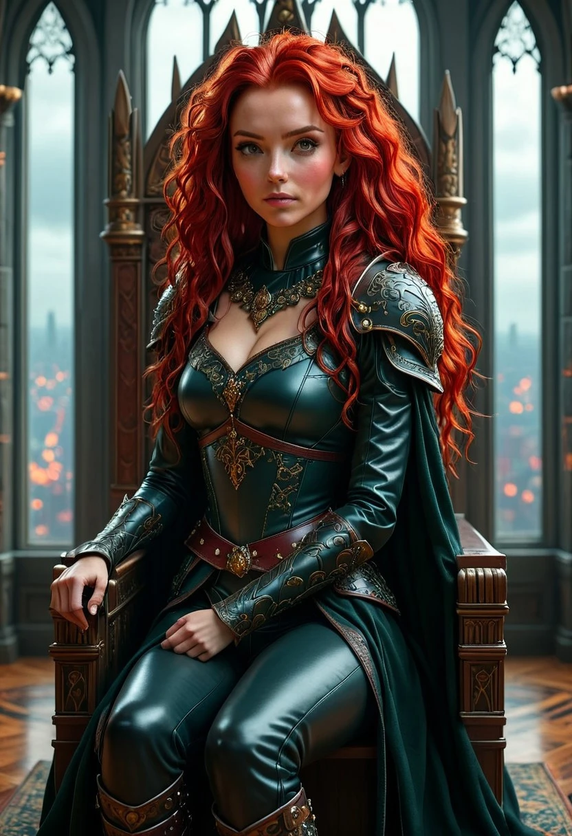 ScarletQueen, photorealistic, cinematic realism, regal presence, striking red hair, confident queen, intricate leather armor, modern throne room, glowing lanterns, stormy sky through tall windows, cinematic shadows, highly detailed, photorealistic textures