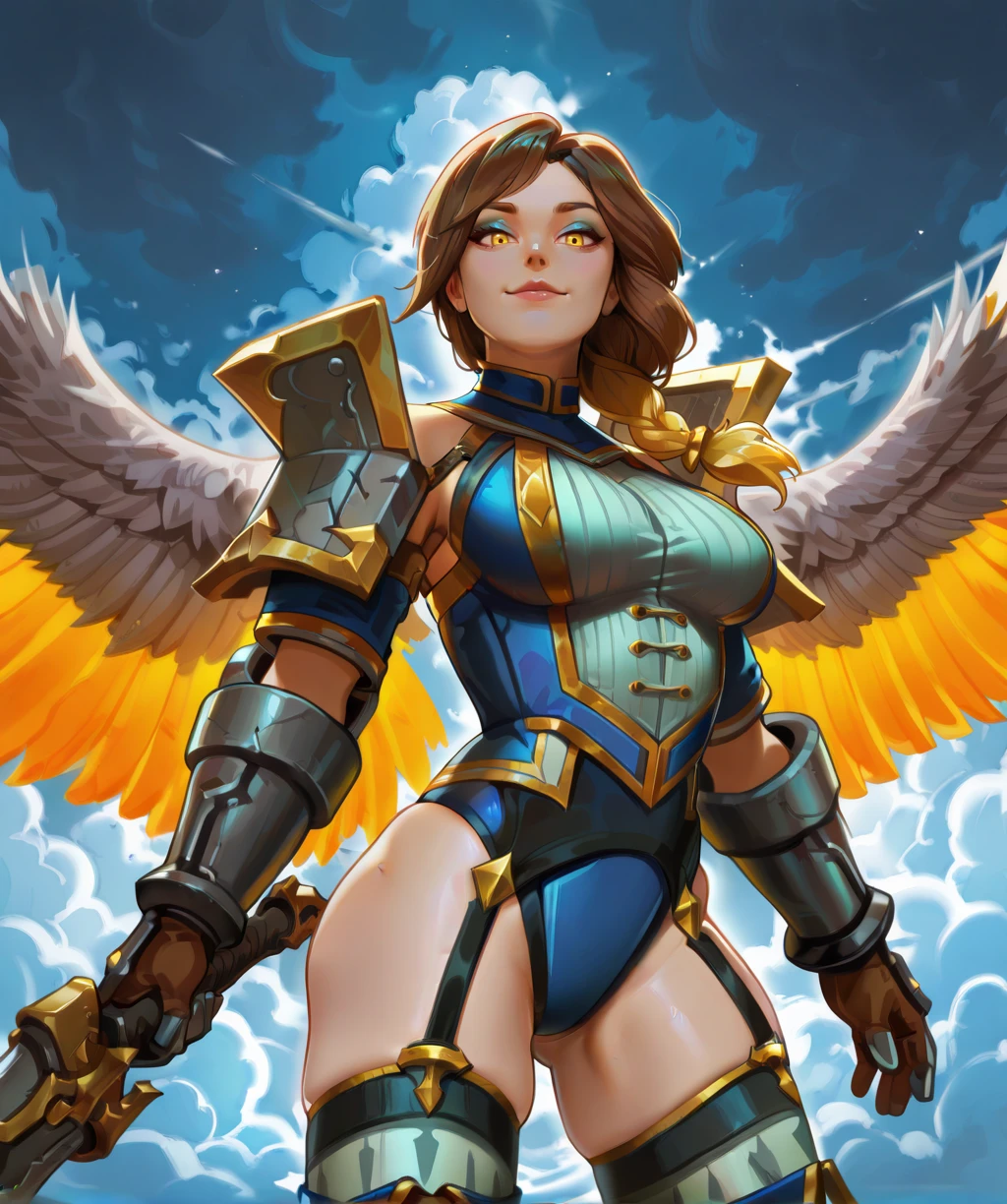 furiaxl, yellow eyes, brown hair, blonde hair, single braid, multi colored wings, makeup,
leotard, armor,
looking at viewer,
pauldrons, leotard, gauntlets, garter straps, hips, light smile,
holding sword,
skindentation,
cloudy sky, in air,
clear composition, atmospheric haze, ambient occlusion,
(insanely detailed, masterpiece, best quality), <lora:FuriaPLDxl-12v1-ILL:1>,