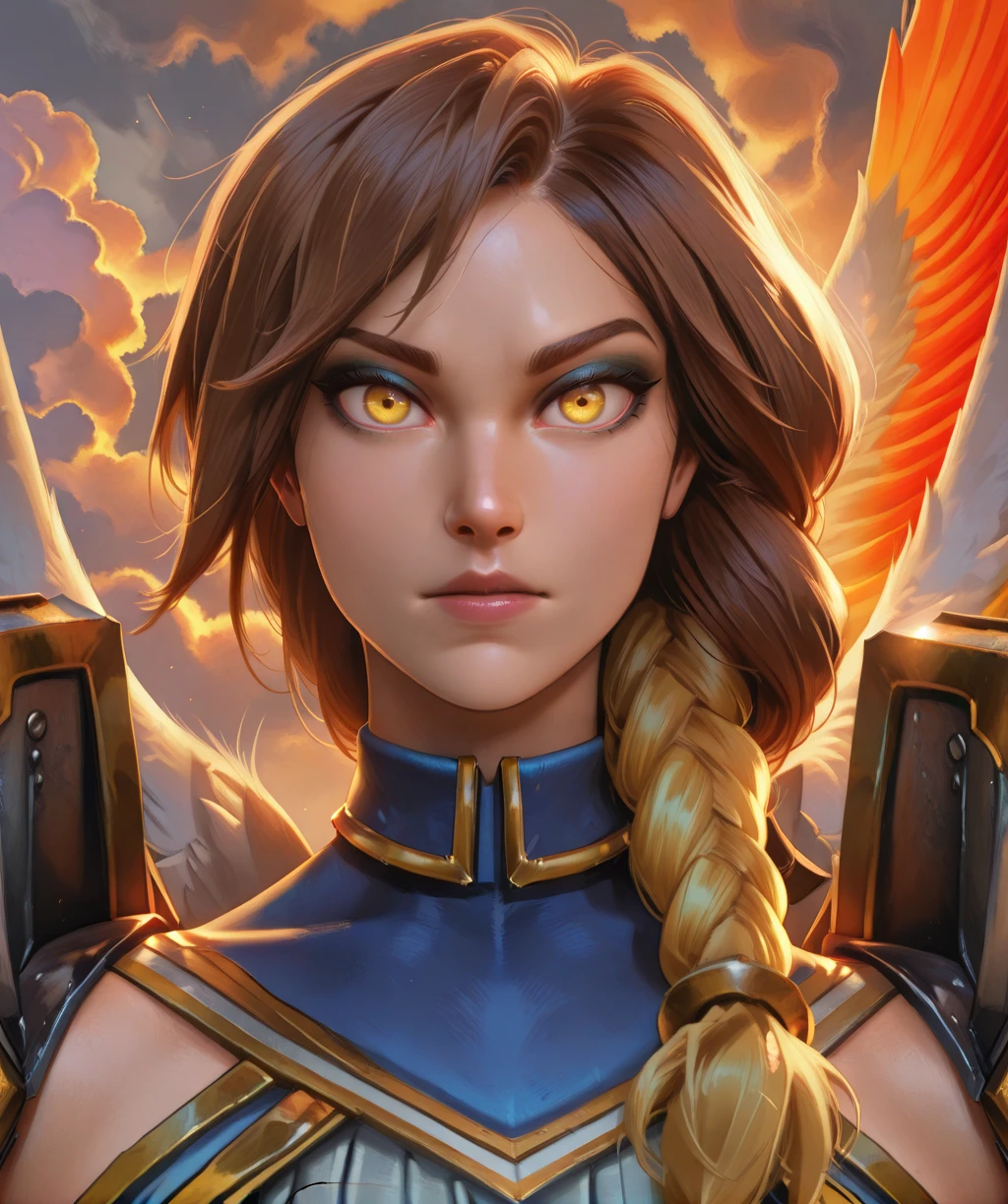 furiaxl, yellow eyes, brown hair, blonde hair, single braid, multi colored wings, makeup, 
leotard, armor, close up, 
upper body, looking at viewer, 
cloudy sky, 
clear composition, atmospheric haze, ambient occlusion, 
(insanely detailed, masterpiece, best quality), <lora:FuriaPLDxl-12v1-ILL:1>,