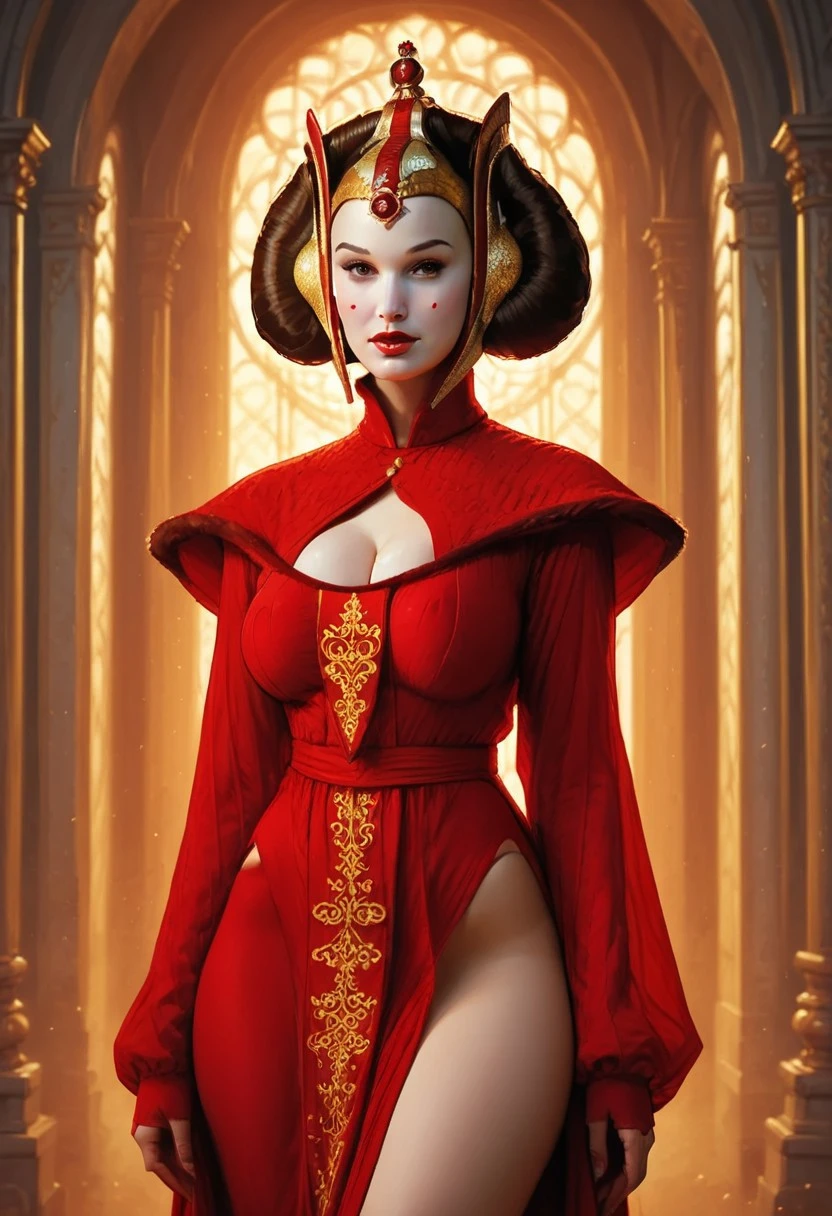score_9, score_8_up, score_7_up, score_6_up, Padme Amidala, solo, 1 girl, beautiful face, single red dot on both cheeks, red bar ob lower lip, aroused, flirty smile, deep cleavage, huge breasts, big thighs, covered nipples, red cutout dress, leg visible, erotic pose, makeup, lipstick, Headpiece, inside royal palace, standing, golden hour lighting, whole body view, front view, stylized
