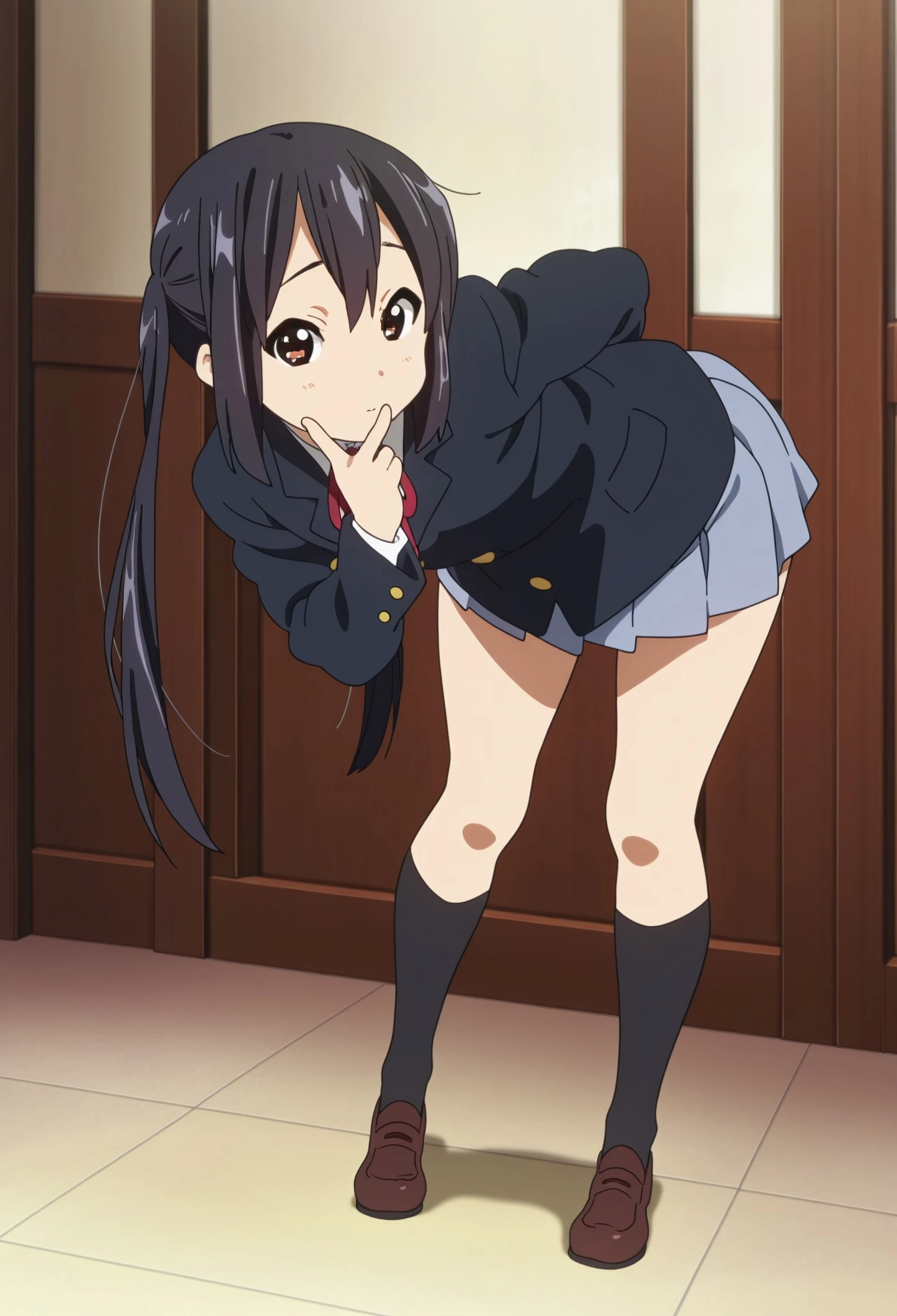 Masterpiece, best quality, dynamic_pose, anime coloring, anime screencap, 1girl, nakano azusa, long hair, black hair, twintails, brown eyes, blazer, skirt, sakuragaoka high school uniform, black
socks, brown loafers, looking_at_viewer, standing, v, leaning_forward, 