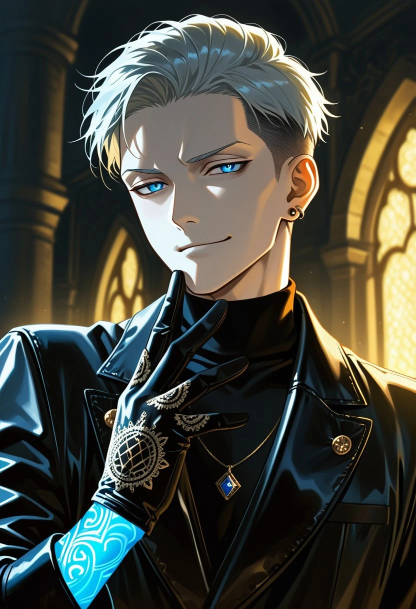 Masterpiece, best quality, highly aesthetic, elegant, HDR portrait, solo, 1boy, slim but toned build, smooth pale skin, sharp jawline, neatly styled silver hair with a slight undercut, piercing steel-blue eyes, subtle glowing implant near the temple, wearing a tailored black turtleneck and long dark coat with subtle metallic embroidery on the lapels, polished leather gloves, futuristic minimalistic background with blurred golden lights, calm but confident expression, slight smirk, cinematic focus on face and upper torso, luxurious and modern fashion editorial style, subtle mist in the background to create depth.