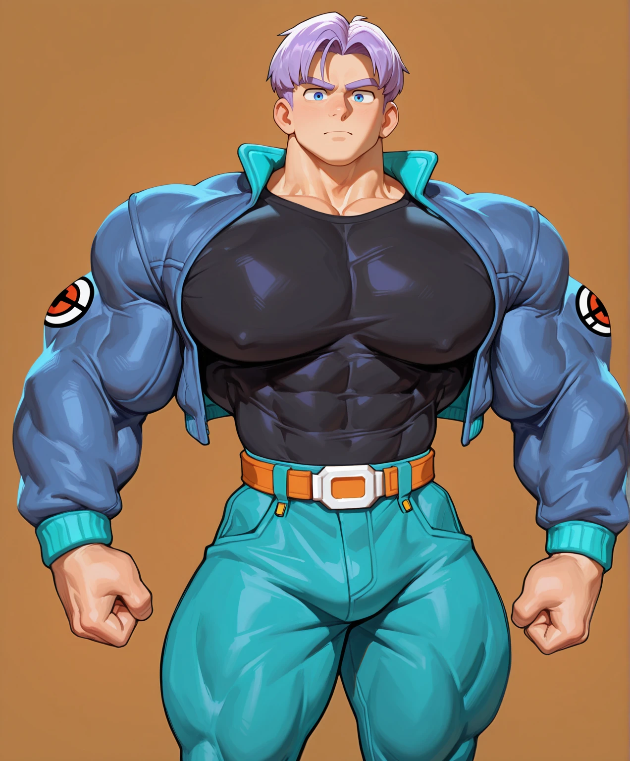 masterpiece, best quality, absurdres, newest, perfect quality, best quality, detailed background, intricate details, bara, (boy, male, male focus:1.5), (human:1.8), <lora:IL_BaraMerge_1.1:0.4>, <lora:NAI_Style_Yuatari:0.5>, <lora:NAI_Style_CheeseCrumbles:0.25> cheesecrumbles, (by cheesecrumbles:0.8), (by dizdoodz:0.4), tall, (muscular, big muscles), (big pecs), big arms, trunks \(future\) \(dragon ball\), purple hair, shirt, pants, jacket, (solo, 1boy:1.3), (facing viewer), looking at viewer, cowboy shot, (simple brown background)