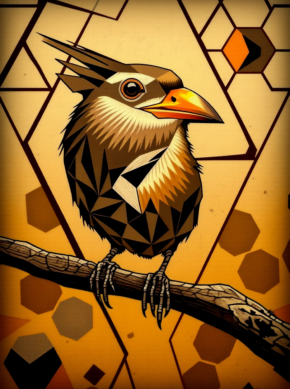 An original abstract painting. Geometric shapes. Advanced artform. Rustic. A bird on a branch.

Color pencil drawing style.