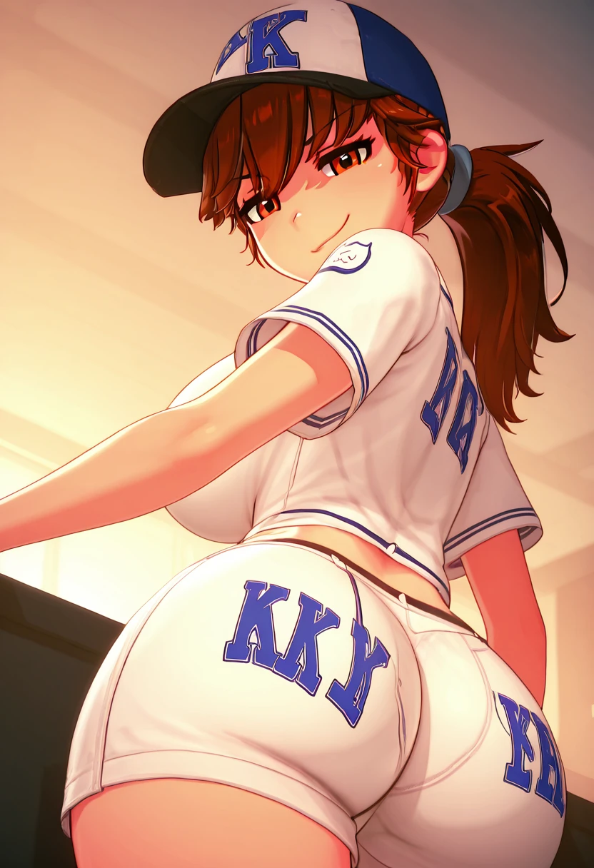 masterpiece, best quality, solo, curvy, beautiful eyes, narrow waist, wide hips, 1girl, solo, smile, looking at viewer, dynamic angle, foreshortening, close up,    3d,  zzAnna, brown eyes, brown hair, long hair, ponytail, large breasts,  baseball cap, baseball uniform, white shorts, smug,  <lora:AnnaAnon_IXL:1.0>,  back arched, hips back, side view, smile, looking at viewer,