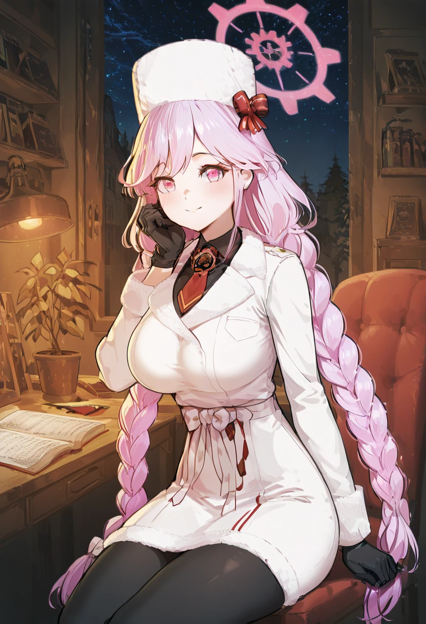 masterpiece, best quality, solo, curvy, beautiful eyes, narrow waist, wide hips, 1girl, solo, smile, looking at viewer, zzTomoe, pink eyes, pink hair, long hair, large breasts, braid, very long hair, pink halo,  black gloves, necktie, ushanka, white headwear, fur trim, long sleeves, solo, winter clothes, black pantyhose, purple hair, twin braids, white coat,  ,<lora:Tomoe_BlueArchive_IXL:1.0>, , zzLofi, sitting, side view, desk, chair, book, bookshelf, head rest, holding, holding pen, lamp, night, open book, pen, plant, potted plant, sky, star (sky), starry sky, window, windowsill, writing, <lora:LofiGirl_Style_IXL:0.8>,