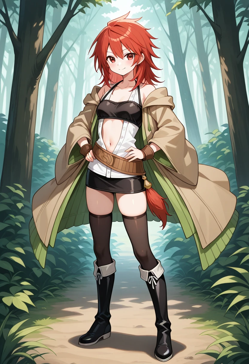 1girl, solo, hiitaygo, duel monster, red hair, medium hair, red eyes, brown hooded robe, wide sleeves, green ribbed coat, layered clothes, white sleeveless shirt, open shirt, navel, collarbone, black bandeau, brown belt, belt tassel,, brown wrist guards, black skirt, pencil skirt, black thighhighs, black knee boots, standing, full body, outdoors, forest, smile, hands on own hips
