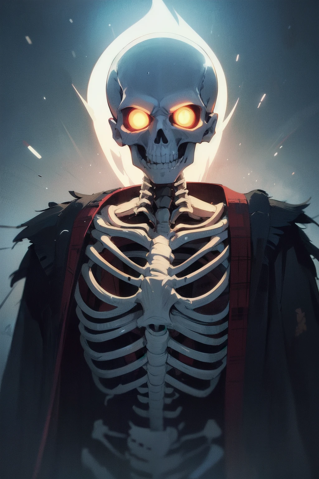 skeleton with glowing eyes, (cracked bone surface:1.1), upper body, wearing a (tattered robe:1.2), (dark fantasy:1.1) BREAK best quality, (ultra fine illustration, ultra detailed:1.2), cinematic lighting