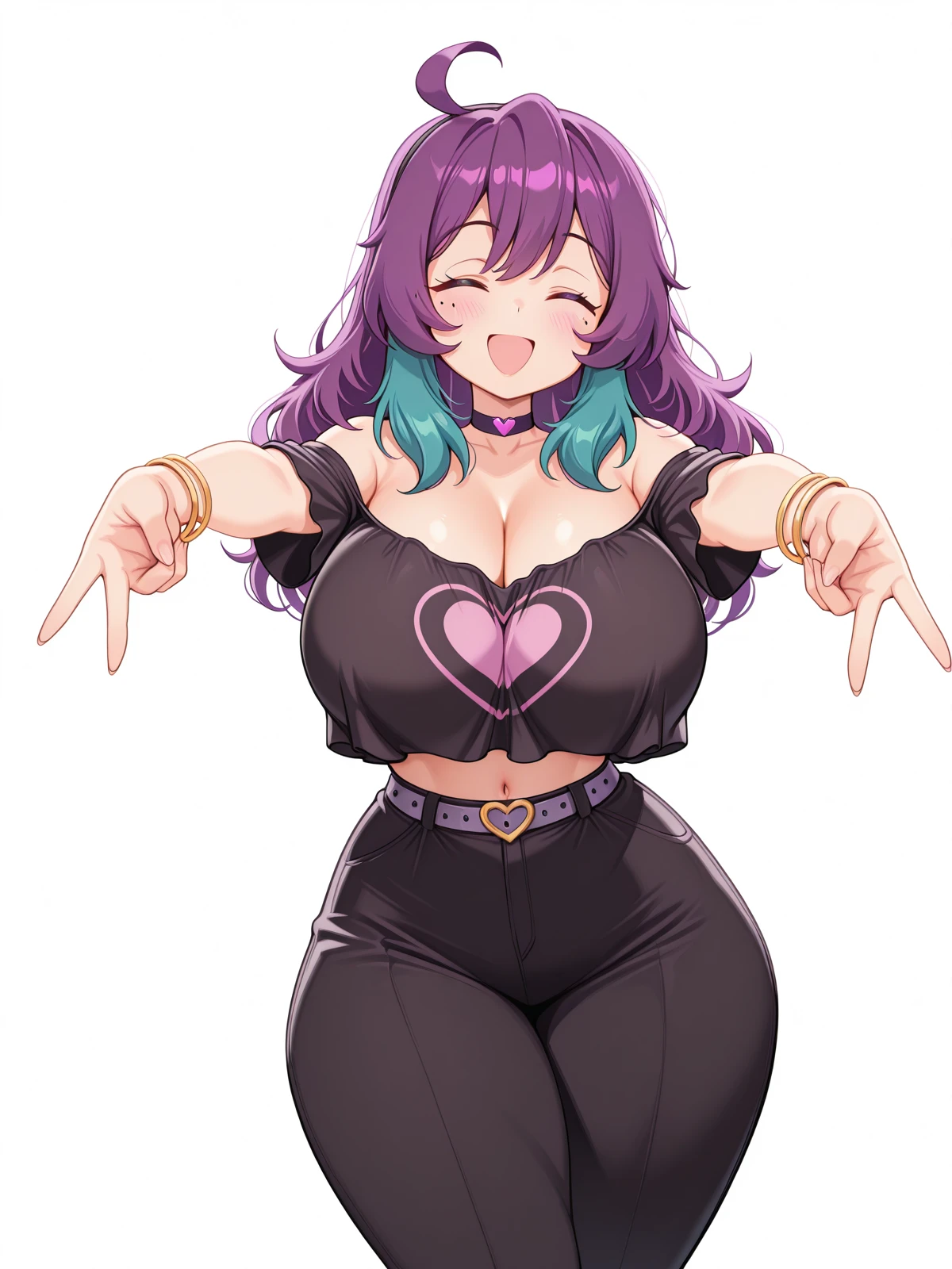masterpiece, best quality, amazing quality,, <lora:naomi-valentine-oc-illustriousxl-lora-nochekaiser:1>, naomi valentine, long hair, purple eyes, ahoge, purple hair, multicolored hair, ff, off shoulder, mole, two-tone hair, mole under eye, thick thighs, curvy, wide hips, mature female, huge breasts,, navel, cleavage, jewelry, bare shoulders, heart, thighs, choker, pants, belt, midriff, off shoulder, bracelet, crop top, off-shoulder shirt, bangle, heart print, heart choker, heart tattoo, black crop top, black pants,, <lora:double-gyaru-v-illustriousxl-lora-nochekaiser:1>, doublegyaruv, solo, looking at viewer, blush, smile, open mouth, closed eyes, standing, cowboy shot, double v,, wooden bridge, planks, rustic, crossing, narrow, cowboy shot, solo, looking at viewer, <lora:transparent-background-illustriousxl-lora-nochekaiser:1>, transparent background, simple background, white background