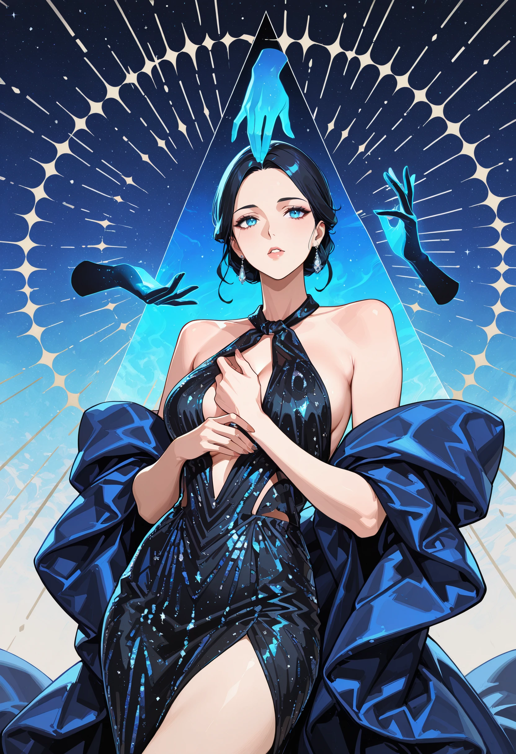 Taffeta Fashion Cape & Halter Glitter Gown illust