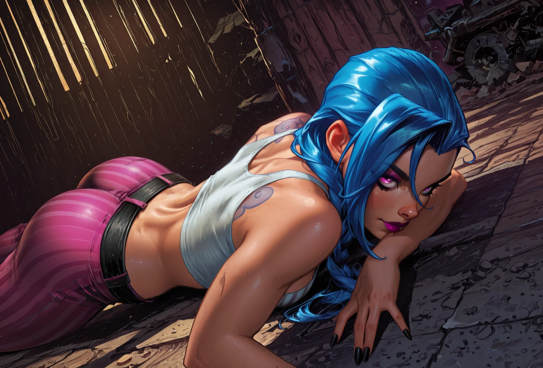 embedding:Stable_Yogis_PDXL_Positives, embedding:Stable_Yogis_PDXL_Positives2, embedding:lazypos, embedding:cr1sp, Jinx,, 1girl, ass, back, bare shoulders, blue hair, breasts, jinx \(league of legends\), lying, makeup, on stomach, pants, pink eyes, striped, tank top, vertical stripes, masterpiece, best quality, amazing quality, very aesthetic, absurdres, newest, (scenery, volumetric lighting), 8k, detail, sharp focus, HDR, bold outlines, strong shadows, high contrast, smooth gradients, ultra detailed, vibrant, stunningly beautiful, crisp lines, detailed, sleek, ultramodern, subtle shadows, intricate, professional, high-resolution, perfect lighting, very awa, ultradetailed, solo, depth, complex lighting, movie quality
,