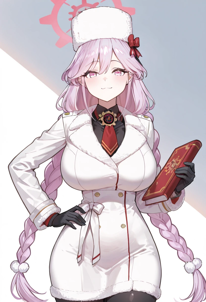 masterpiece, best quality, solo, curvy, beautiful eyes, narrow waist, wide hips, 1girl, solo, smile, looking at viewer, zzTomoe, pink eyes, pink hair, long hair, large breasts, braid, very long hair, pink halo, black gloves, necktie, ushanka, white headwear, fur trim, long sleeves, solo, winter clothes, black pantyhose, purple hair, twin braids, white coat, ,<lora:Tomoe_BlueArchive_IXL:1.0>, cowboy shot, hand on hip, smug, smile, looking at viewer, shiny skin,