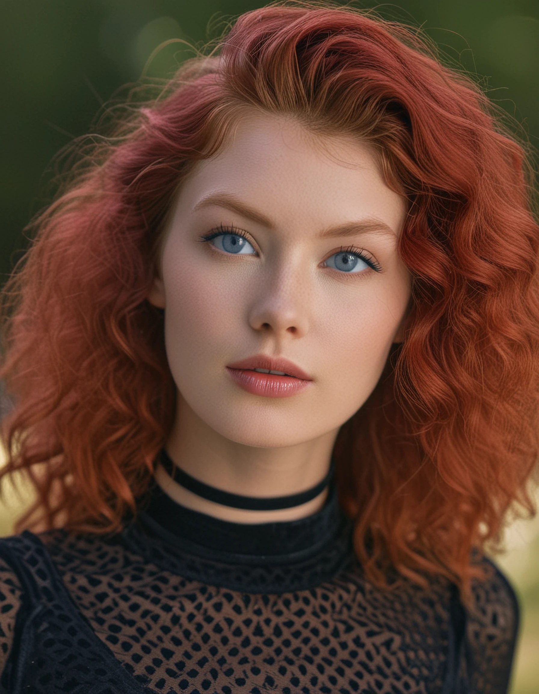 aptkaylee, frizzy hair, red hair, blue eyes, face details, skin details, subsurface scattering, pores, full lips, slender neck, choker, velvet shirt, depth of field, outdoors, bokeh, cinematic:2