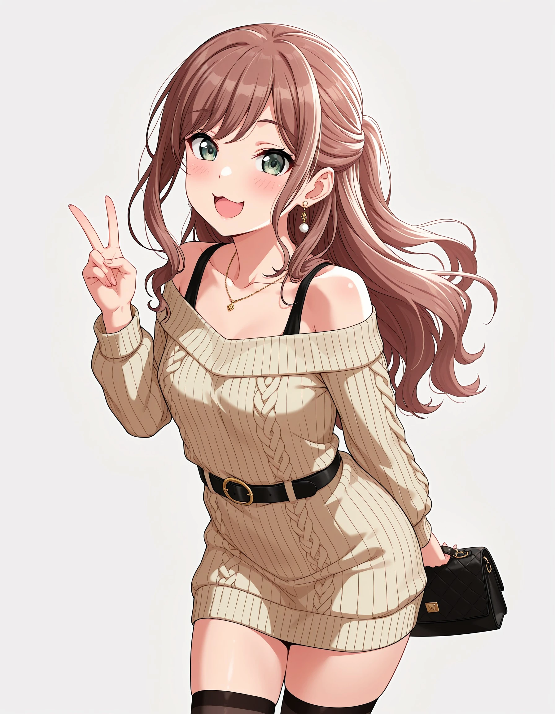 masterpiece, best quality, very aesthetic, absurdres, solo, green eyes, brown hair, long hair, sweater dress, jewelry, open mouth, belt, earrings, smile, white background, sweater, bag, simple background, handbag, looking at viewer, off shoulder, :d, grey eyes, dress, half updo, bangs, black belt, long sleeves, collarbone, cowboy shot, thighhighs, v, necklace, holding, off-shoulder sweater, ribbed sweater, holding bag, sidelocks, blush, :3, lisachi, <lora:f71e5fc9-5392-46e2-a914-a9b916258fb0:0.7>