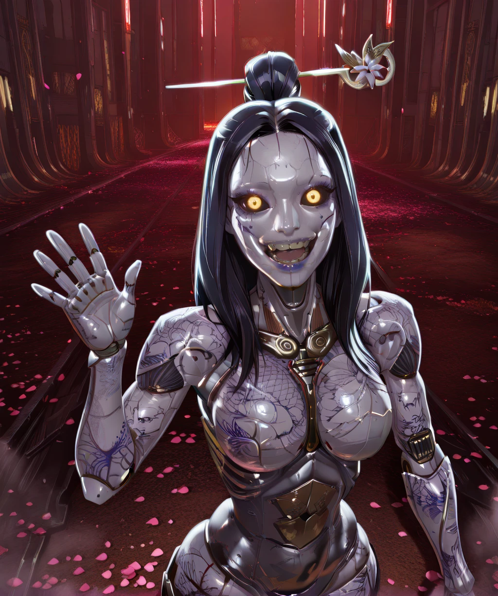 krkrixl, yellow eyes, black sclera, glowing eyes,
black hair, hair stick, single hair bun, makeup, smile, teeth, open mouth,
armor, looking at viewer, hips, waving,
clear composition, atmospheric haze, ambient occlusion,
pink petals,
(insanely detailed, masterpiece, best quality), <lora:Karakurixl-12v1-iLL:0.8>,