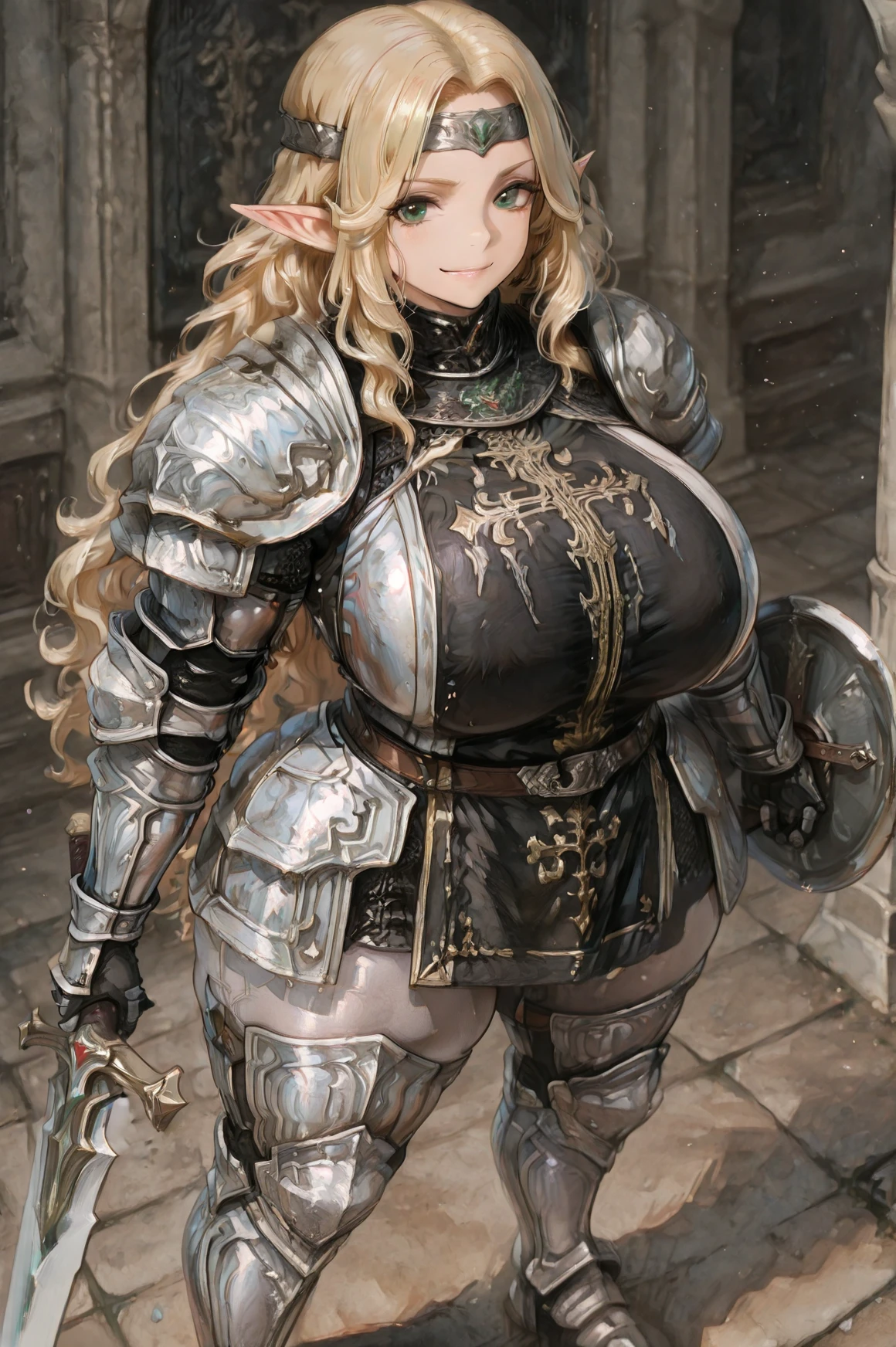 <lora:memento mori:0.8>,front view,masterpiece, ultra-HD, high detail, depth of field, best quality, 8k, best quality, ergonomic, official art,detailed colored sketch,(anime coloring),1girl,solo,(gigantic perky breasts:1.3,very wide hips, very thick thighs,very huge ass),elf, blonde hair, wavy hair, parted hair, green eyes, muscular, iron headband, grinning at viewer, <lora:Final_Fantasy_11_-_Gallant_Armor_-_Illustrious:1>,silver armor, gallant armor, full_body armor, black tabard, silver pauldrons, silver gauntlets, silver leggings, holding sword and shield