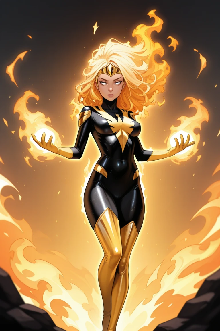 cosmicphoenix,masterpiece,best quality,amazing quality, 1girl, solo, fire, long hair, , thigh boots, blonde hair, fiery hair, , gloves, boots, , thighhighs, yellow gloves, white eyes, firey hair, armor, helmet, shiny, magic, aura, tokusatsu, tiara, phoenix symbol, gold, yellow gloves, yellow boots,