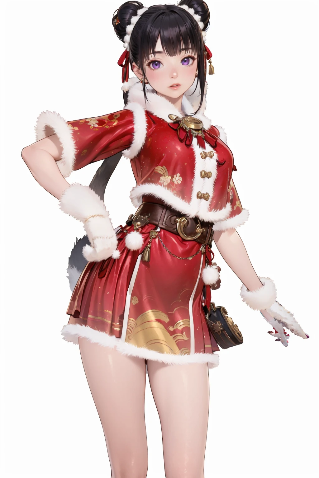 ,1girl,fur trim,white footwear,red hat,animal hood,red skirt,bell,chinese clothes,capelet,fingerless gloves,fox tail,white tail,pom pom (clothes),black hair,double bun,purple eyes,(white_background:1.5),front view,(cowboy_shot:1.4),looking_at_viewer,<lora:æ°¸å«æ é´è¡æ¡æ¥æ¡ç¬SD1.5:0.7>, (masterpiece:1.2),best quality,masterpiece,highres,original,extremely detailed wallpaper,perfect lighting,(extremely detailed CG:1.2),