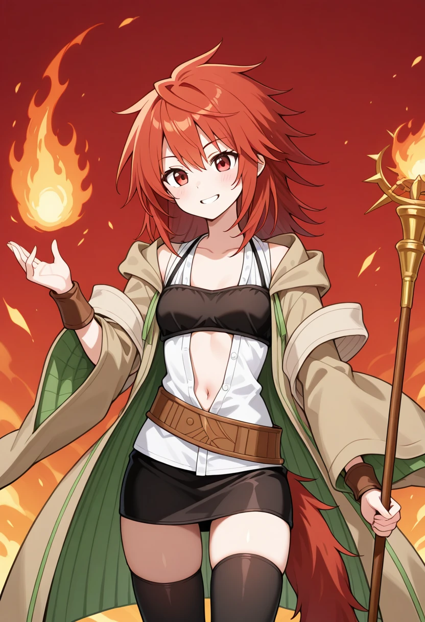 1girl, solo, hiitaygo, duel monster, red hair, medium hair, red eyes, brown hooded robe, wide sleeves, green ribbed coat, layered clothes, white sleeveless shirt, open shirt, navel, collarbone, black bandeau, brown belt, belt tassel, pom_pom_(clothes), brown wrist guards, black skirt, pencil skirt, black thighhighs, white shawl, staff, holding staff, hand up, pyrokinesis, cowboy shot, grin, smile, outdoors, red background,