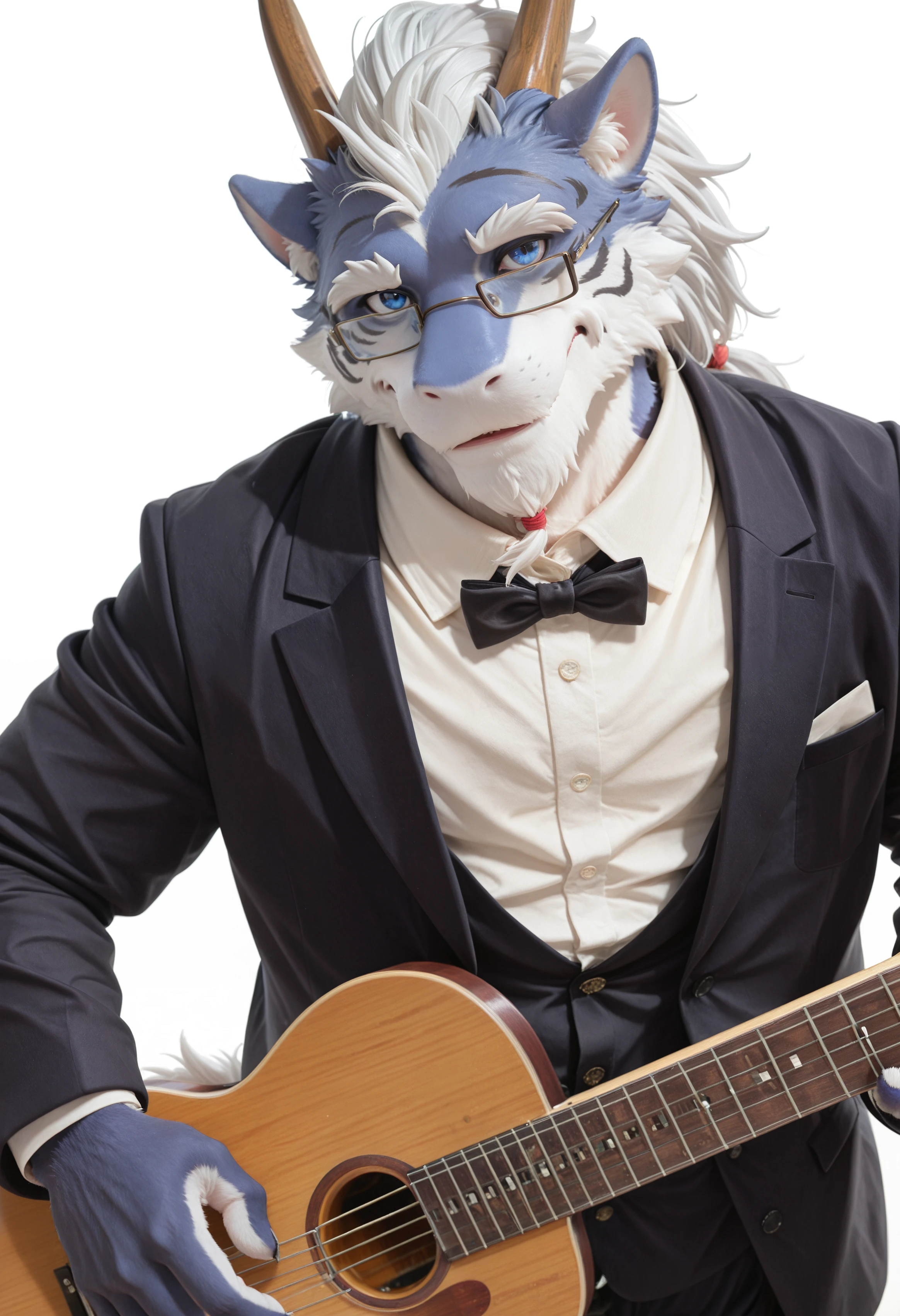 (masterpiece, best quality, very aesthetic, newest, 2024:1.2), (photorealism, photorealistic:1.2), hi res, detailed fur, fluffy fur, close up, dutch angle, shiki_taigen, dragon, furry male, furry, male focus, body fur, 1boy, solo, animal ears, tail, horns, blue eyes, bara, looking at viewer, long hair, glasses, white hair, retro photo studio, red and white background, soft light, middle-aged man standing upright, torso straight, arms relaxed, calm, confident, formal expression, looking at viewer, frontal medium close-up, eye-level angle, black tuxedo with satin lapels, white shirt, black bow tie, gold-rimmed glasses, acoustic guitar, classical guitar, soft studio lighting, vintage film photo style, cinematic detail, <lora:noobReal-V2.1:0.45> <lora:Shiki_Taigen_UTAU_Illustrious:1>