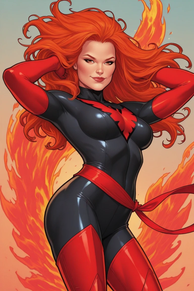 resurrectionphoenix, 1girl, solo, long hair, looking at viewer, gloves, , red hair, boots, elbow gloves, belt, orange hair, lips, , makeup, fire, lipstick, skin tight, thighhighs, gloves, red hair, sash, , skin tight, black , red belt, red waist ribbon, thigh boots, boots, red boots, red gloves, red thighhighs, messy hair,red phoenix symbol, happy, closed mouth, smile, squinting, hands in hair, simple background, outdoors,