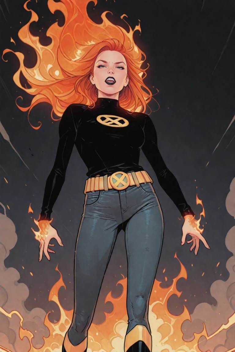  masterpiece, best quality, amazing quality, high resolution, absurdres, newest, very aesthetic, newxmenjean,1girl, fire, solo, , red hair, long hair, phoenix,belt, western comics \(style\), black lips, boots, teeth, black shirt, denim pants, lipstick, fiery hair, yellow belt, orange hair, open mouth, floating hair