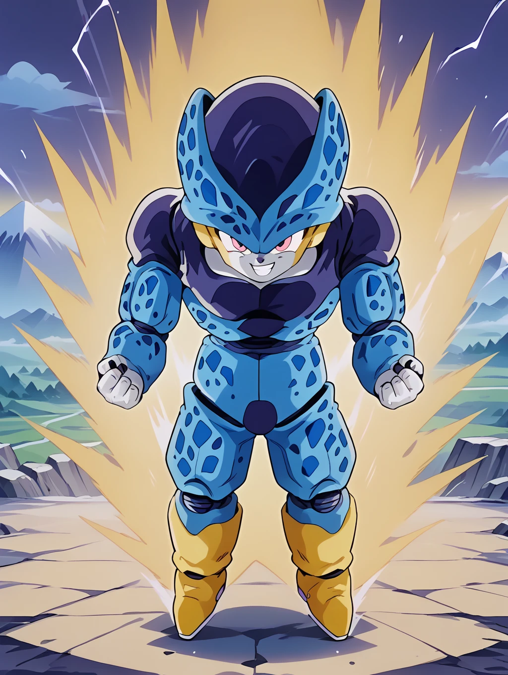 BREAK score_9, score_8_up, score_7_up, source_anime, solo, Cell_Juniors, children, pale white skin, short horns, yellow ears, purple lines on the cheeks, pink eyes, light blue body with dark blue spots, purple joints, black wings, yellow shoe-shaped feet, mountain, storm, dark sky, dark clouds, smile, toothy smile, power, sharp aura, supersaiyanaura, yellow aura, dynamic pose, (creativity:1.3),