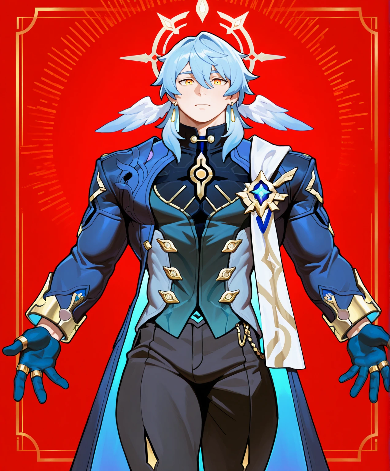 masterpiece, best quality, absurdres, newest, perfect quality, best quality, detailed background, intricate details, bara, (boy, male, male focus:1.5), (human:1.8), <lora:IL_BaraMerge_2.1:0.35>, <lora:NAI_Style_Yuatari:0.55>, <lora:NAI_Style_CheeseCrumbles:0.25> cheesecrumbles, (by cheesecrumbles:0.8), (by dizdoodz:0.4), fit body, (skinny), (muscular, big muscles), teen, (big pecs), narrow waist, sunday \(honkai: star rail\), blue hair, golden eyes, earrings, halo, closed (multicolored:1.3) black and dark blue large coat with yellow inner fabric, white scarf with brooch, long sleeves, gloves, black pants, rings, (solo, 1boy:1.3), (facing viewer), looking at viewer, cowboy shot, (simple red background)